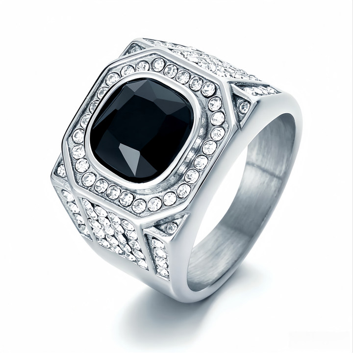 Wide Men’s Ring With Square Center Stone & Surrounding Diamonds Vintage Hip‑Hop Heavy‑Weight Band