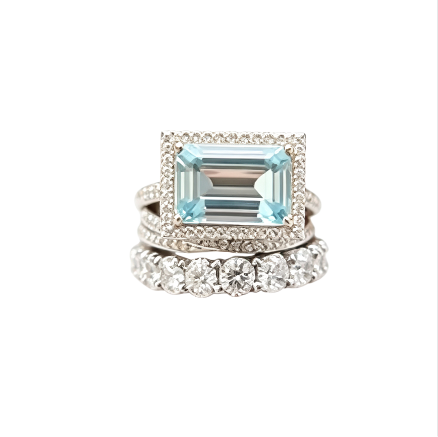 Emerald‑Cut Aquamarine Center Stone Diamond Ring Set Vintage Luxury 3‑Piece Women’s Stackable Rings