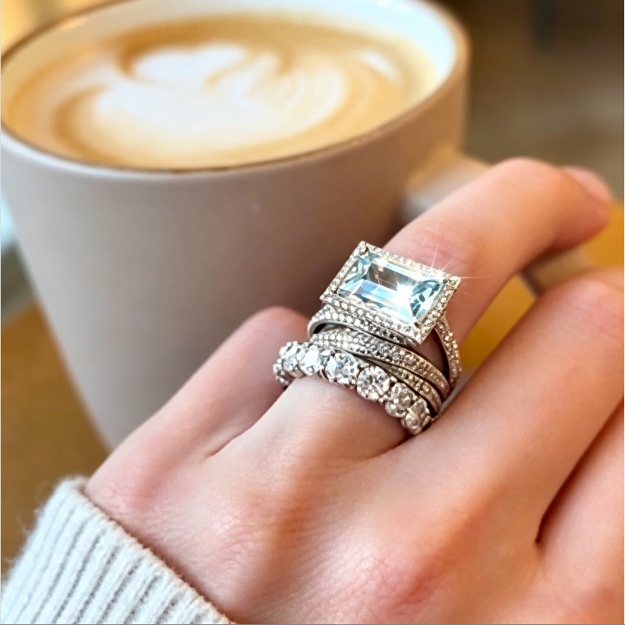 Emerald‑Cut Aquamarine Center Stone Diamond Ring Set Vintage Luxury 3‑Piece Women’s Stackable Rings