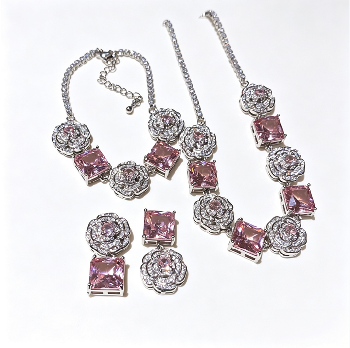 Camellia Pink Square Gemstone Jewelry Set Luxury Glam Women Necklace Bracelet Earring Kit