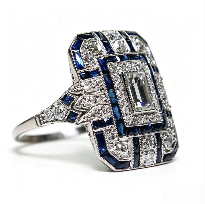 Vintage Art‑Deco Square Sapphire Diamond Filigree Statement Ring