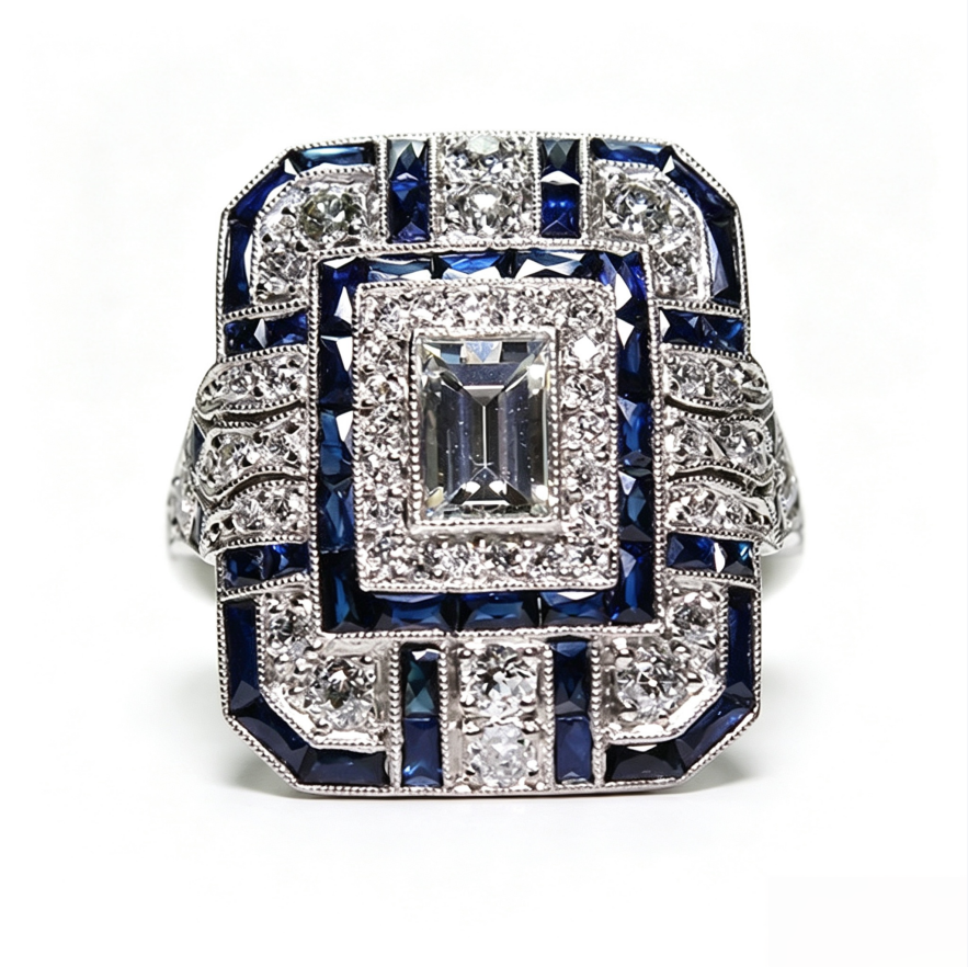 Vintage Art‑Deco Square Sapphire Diamond Filigree Statement Ring