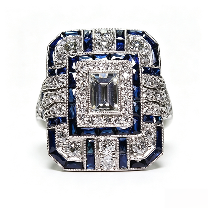 Vintage Art‑Deco Square Sapphire Diamond Filigree Statement Ring