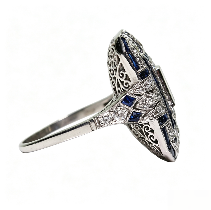 Vintage Art‑Deco Square Sapphire Diamond Filigree Statement Ring