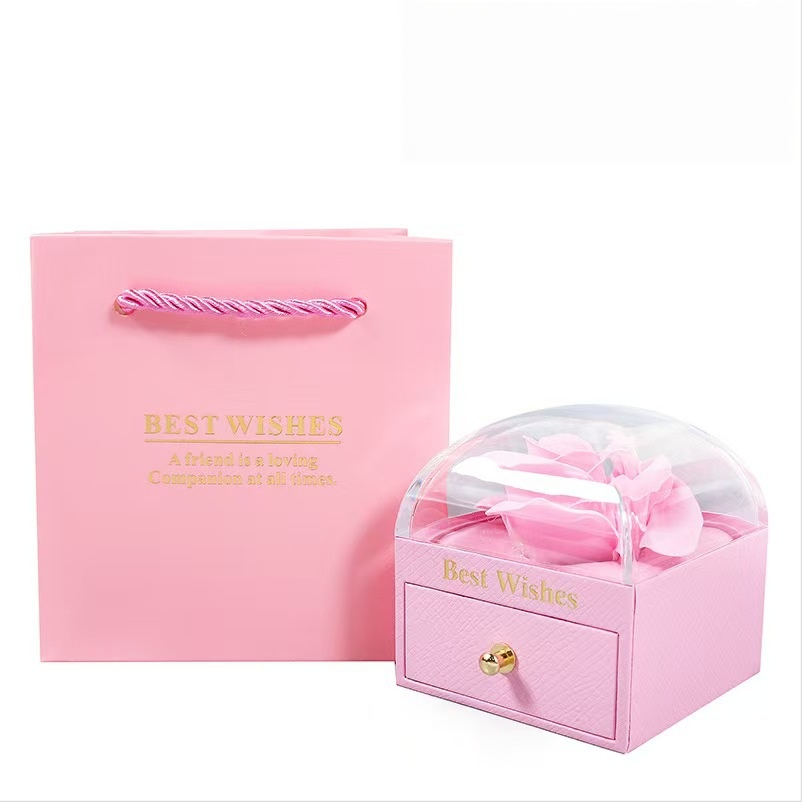 3‑Color Rose Soap Flower Drawer Jewelry Gift Box, Clear Acrylic Lid Romantic Jewellery Present Case