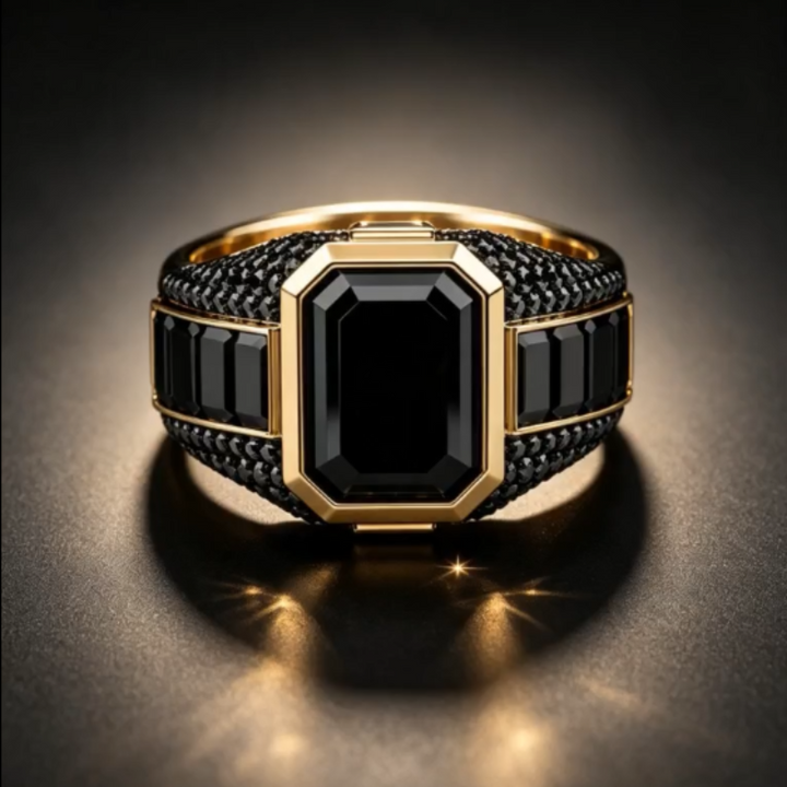 Square Obsidian Wide‑Band Men Statement Ring, Heavy‑Duty Geometric Paved Band