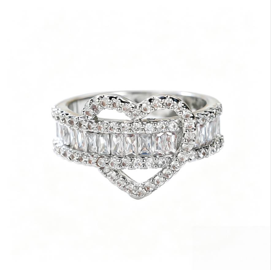 Intertwined Double‑Heart Full‑Paved Ring Luxurious Baguette Diamond Band