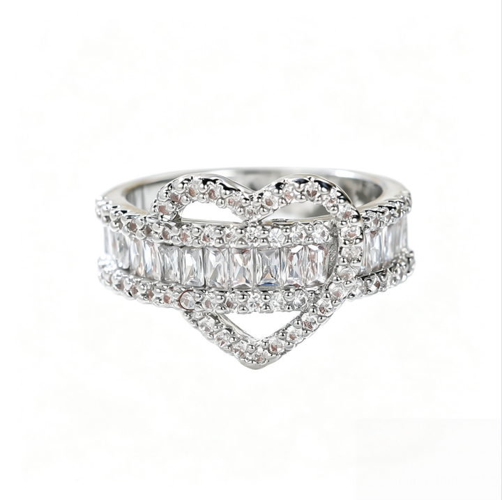 Intertwined Double‑Heart Full‑Paved Ring Luxurious Baguette Diamond Band