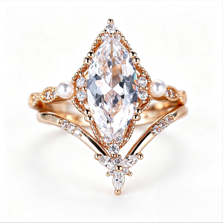 Vintage Marquise‑Cut Diamond Pearl Ring Set Hollow Pattern Stackable Dual Bands