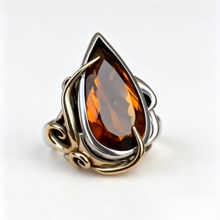 Vintage Scroll‑Pattern Pear‑Cut Citrine Ring Unisex Artistic Twisted Band