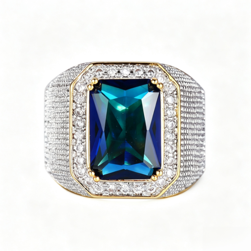 Vintage Square Sapphire Men's Ring Pave‑Set Diamond Two‑Tone Heavy‑Weight Band