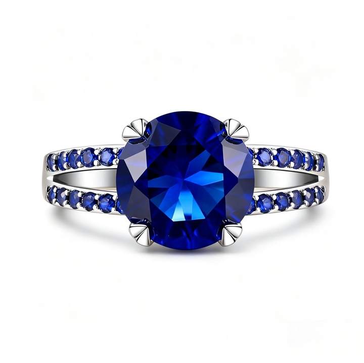 Round‑Cut Sapphire Double‑Shank Sterling Silver Ring Luxurious Elegant Women’s Band