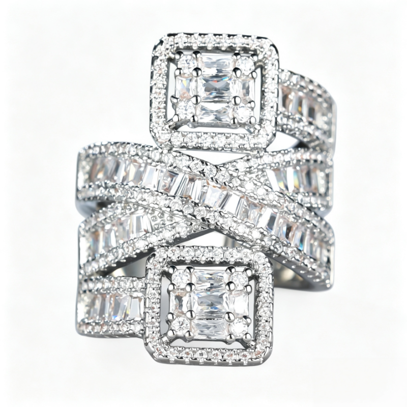 Dual‑Square‑Stone Intertwined Ring Heavy‑Set Full‑Paved Cross‑Design Band