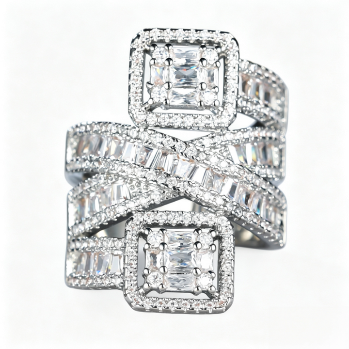 Dual‑Square‑Stone Intertwined Ring Heavy‑Set Full‑Paved Cross‑Design Band