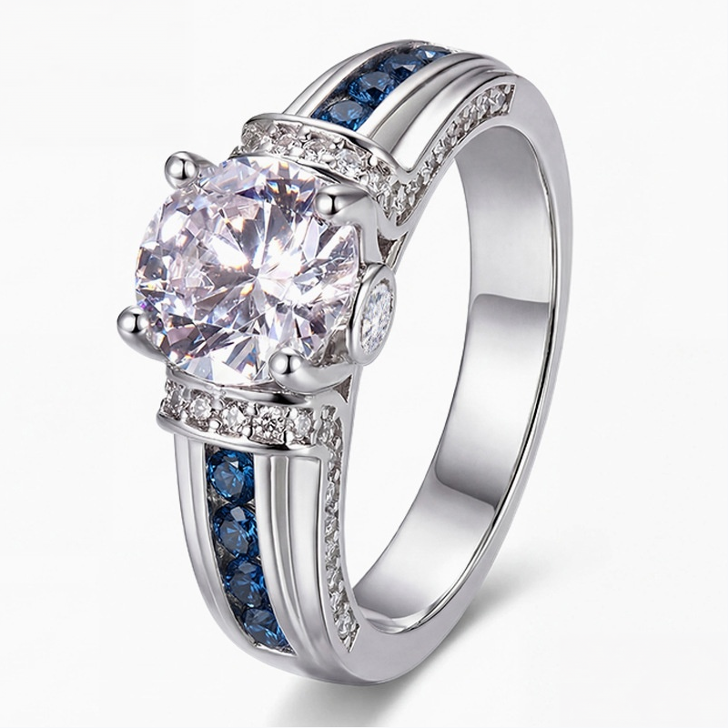 Blue‑White Contrast Four‑Prong Center Stone Ring Wide Band Channel‑Set Sapphire & Diamond Ring