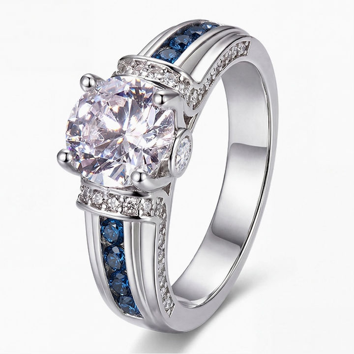 Blue‑White Contrast Four‑Prong Center Stone Ring Wide Band Channel‑Set Sapphire & Diamond Ring