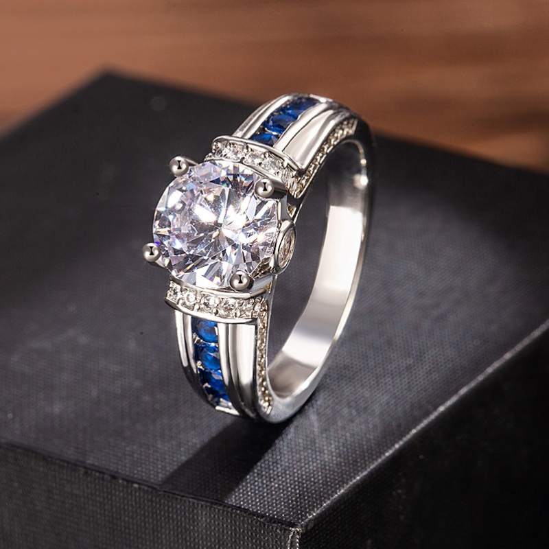 Blue‑White Contrast Four‑Prong Center Stone Ring Wide Band Channel‑Set Sapphire & Diamond Ring