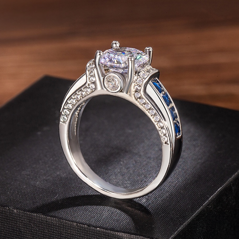 Blue‑White Contrast Four‑Prong Center Stone Ring Wide Band Channel‑Set Sapphire & Diamond Ring