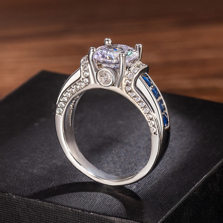 Blue‑White Contrast Four‑Prong Center Stone Ring Wide Band Channel‑Set Sapphire & Diamond Ring