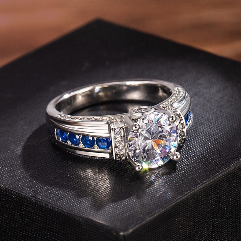 Blue‑White Contrast Four‑Prong Center Stone Ring Wide Band Channel‑Set Sapphire & Diamond Ring