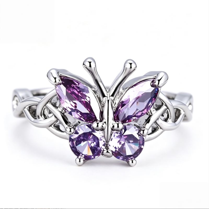 Pink & Purple Two‑Color Women’s Butterfly Ring Interwoven Knot‑Shank Delicate Ring