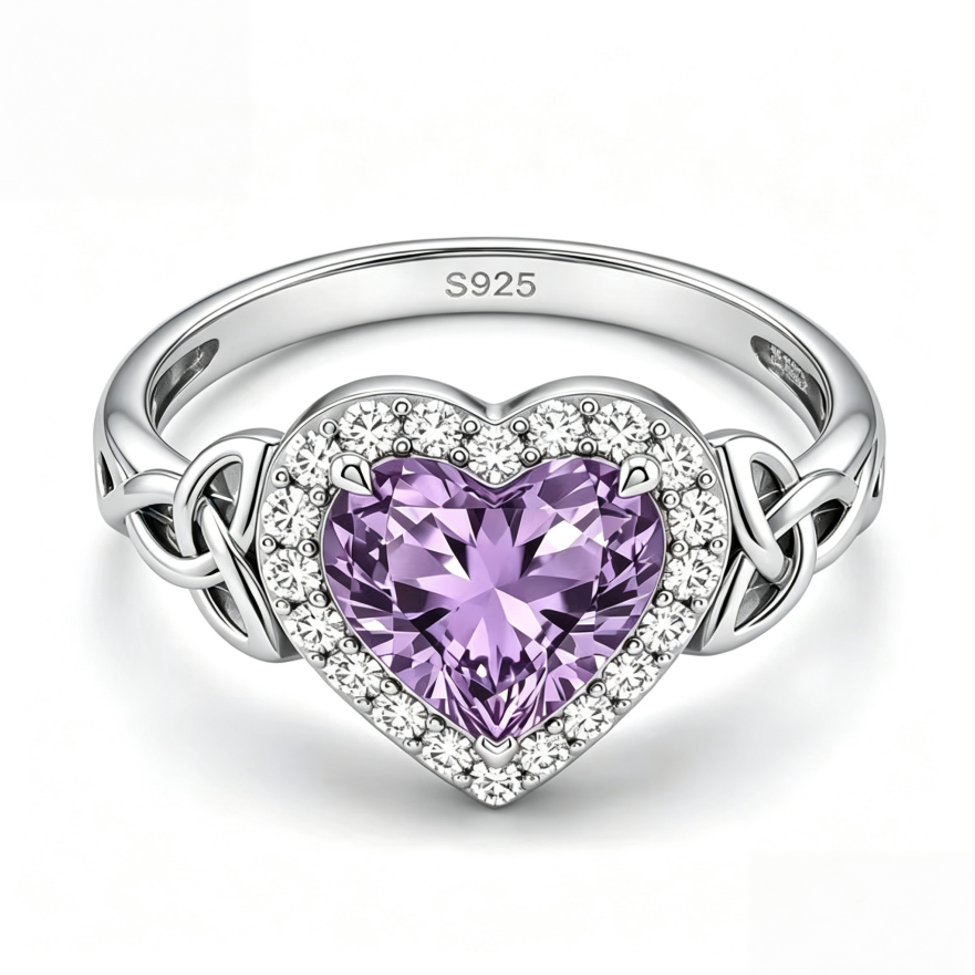 Heart‑Shaped Amethyst Women’s Ring Celtic Knot‑Shank Romantic Ring