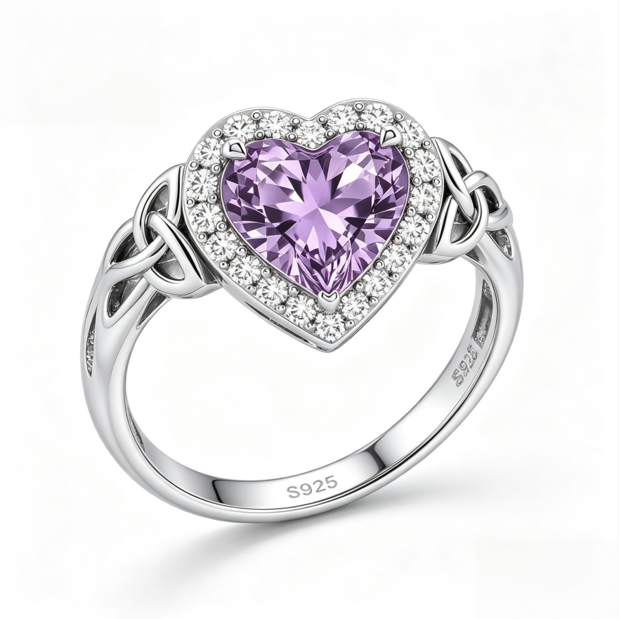 Heart‑Shaped Amethyst Women’s Ring Celtic Knot‑Shank Romantic Ring