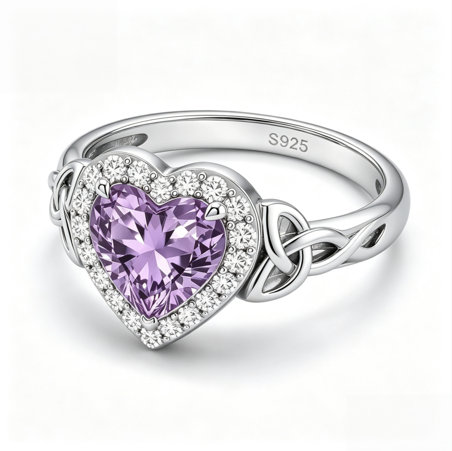 Heart‑Shaped Amethyst Women’s Ring Celtic Knot‑Shank Romantic Ring