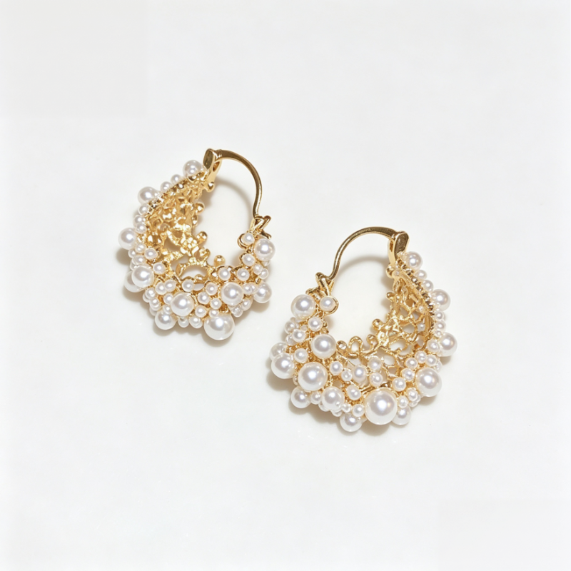 Vintage Lace Cluster Pearl Hoop Earrings French Ornate Women’s Click‑Top Earrings