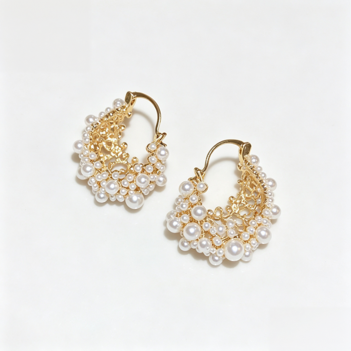 Vintage Lace Cluster Pearl Hoop Earrings French Ornate Women’s Click‑Top Earrings
