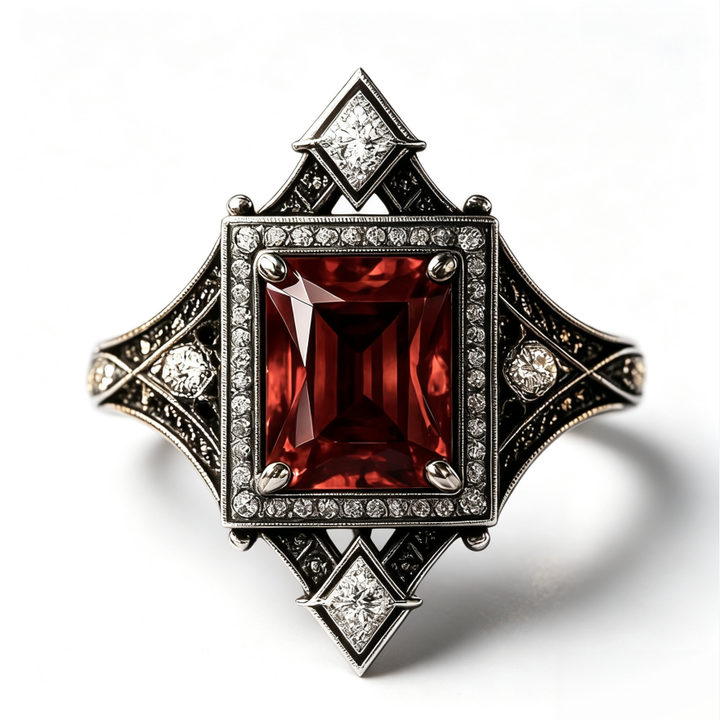Vintage Edwardian‑Style Square Ruby Center Stone Diamond Ring Antique Open‑Work Carved Women’s Band