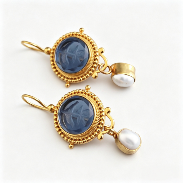 Vintage Carved Blue Gem Pearl Drop Hook Earrings Classical Beaded‑Border Women’s Jewelry