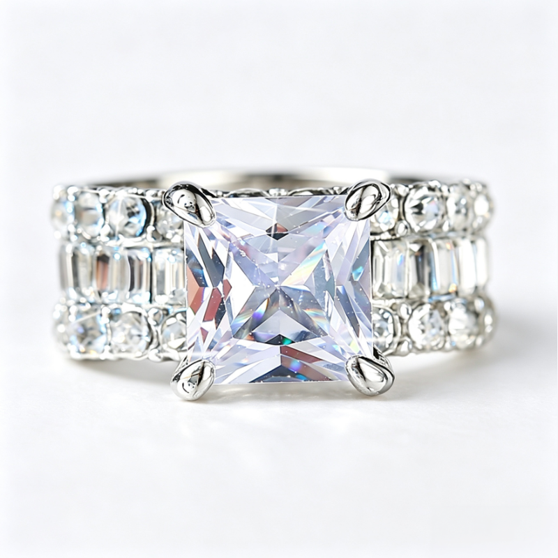 Princess‑Cut Center Stone Full‑Paved Wide Band Ring Four‑Prong Setting Luxurious Women’s Ring