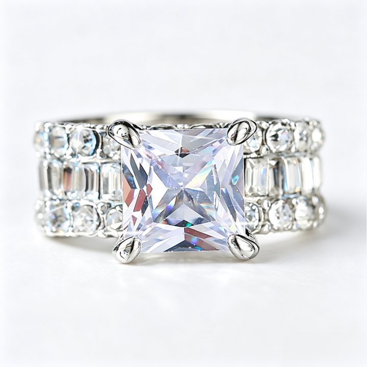 Princess‑Cut Center Stone Full‑Paved Wide Band Ring Four‑Prong Setting Luxurious Women’s Ring