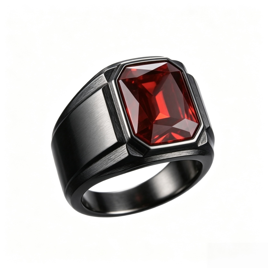Square‑Cut Gem Titanium Steel Men’s Ring Cool Wide‑Band Signet Ring