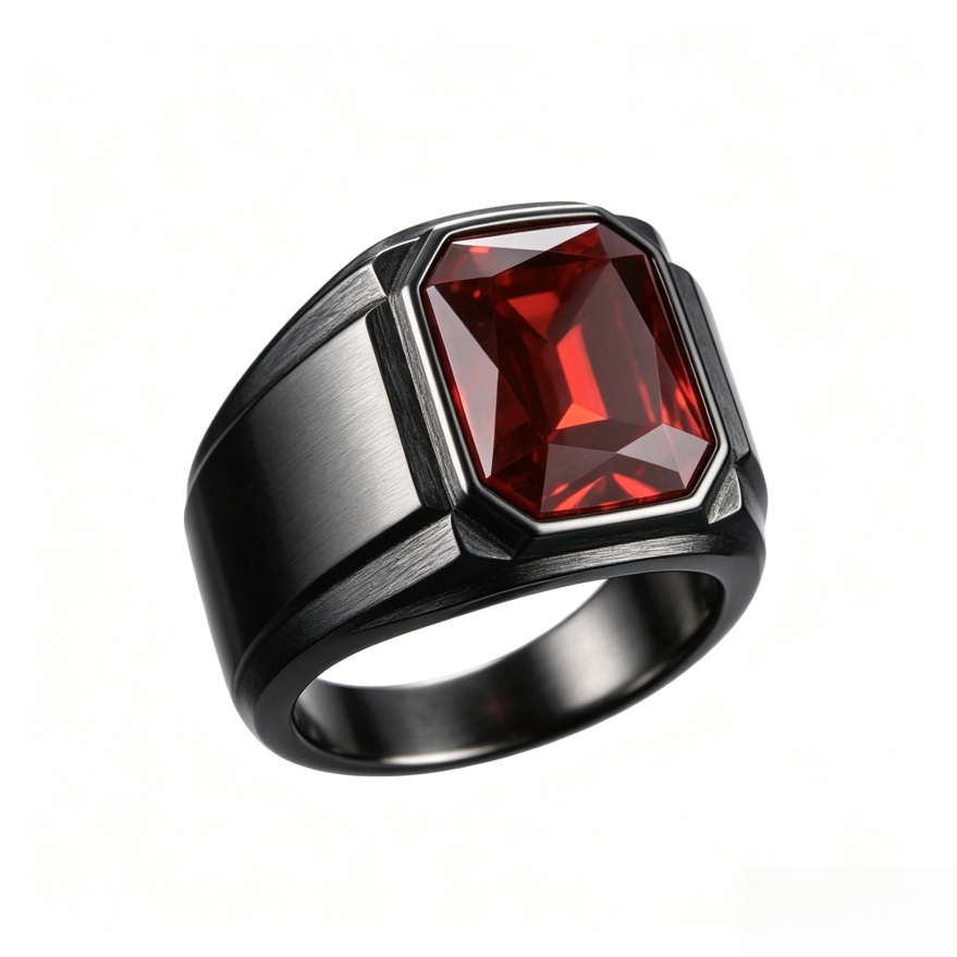 Square‑Cut Gem Titanium Steel Men’s Ring Cool Wide‑Band Signet Ring