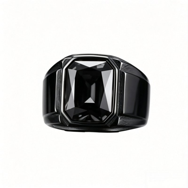 Square‑Cut Gem Titanium Steel Men’s Ring Cool Wide‑Band Signet Ring