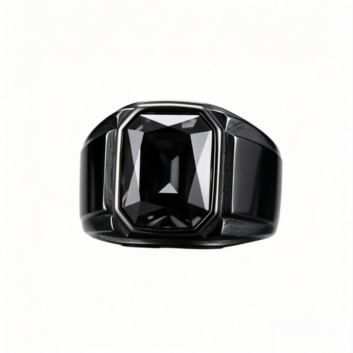 Square‑Cut Gem Titanium Steel Men’s Ring Cool Wide‑Band Signet Ring