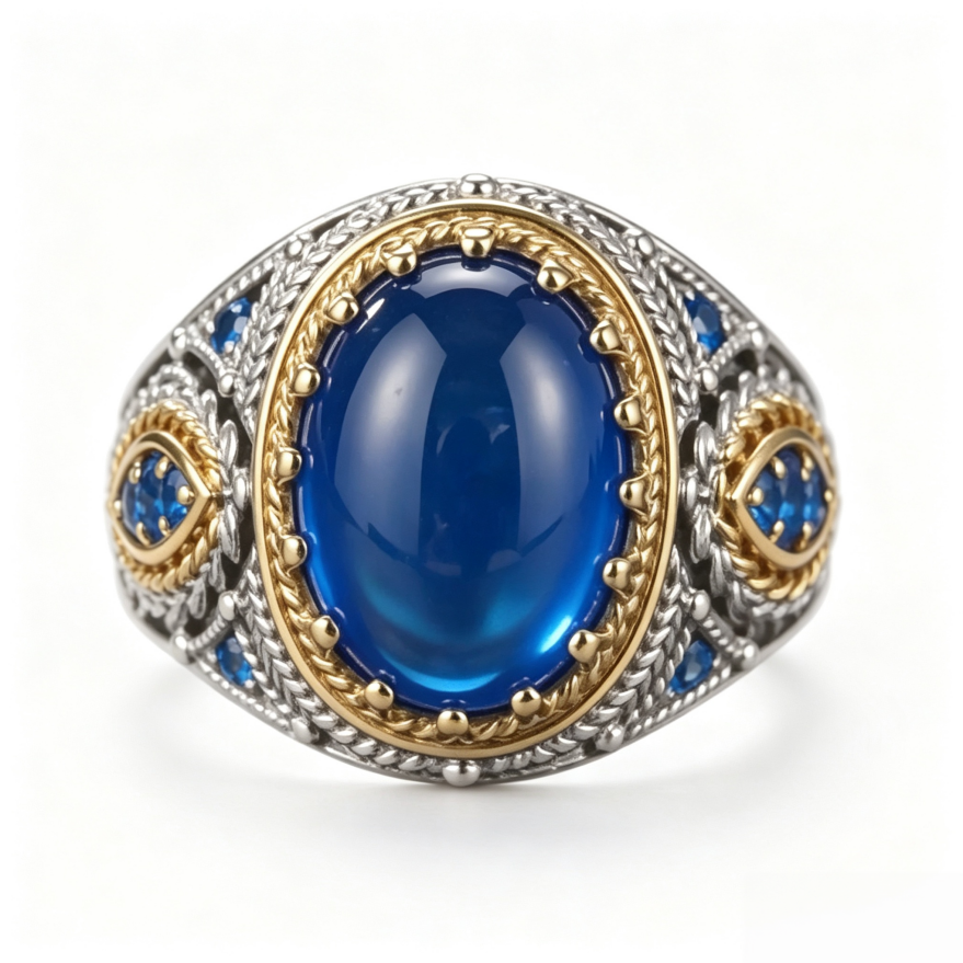 Vintage Filigree Oval Blue Gem Sterling Silver Ring Two‑Tone Open‑Work Carved Band