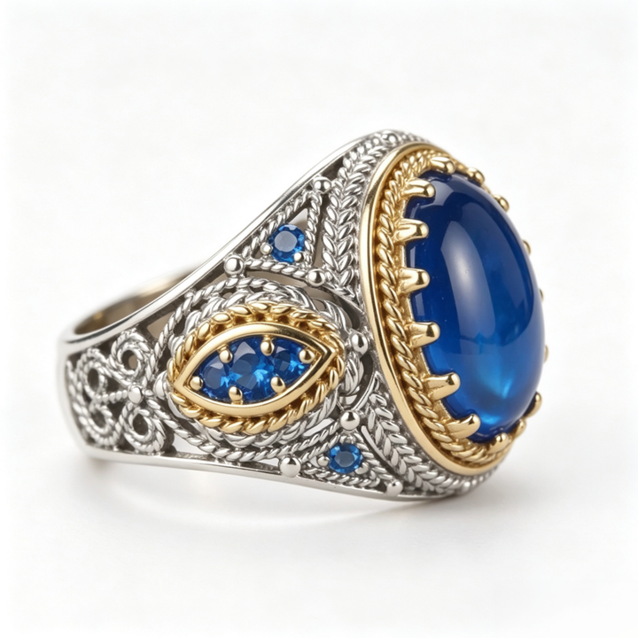 Vintage Filigree Oval Blue Gem Sterling Silver Ring Two‑Tone Open‑Work Carved Band