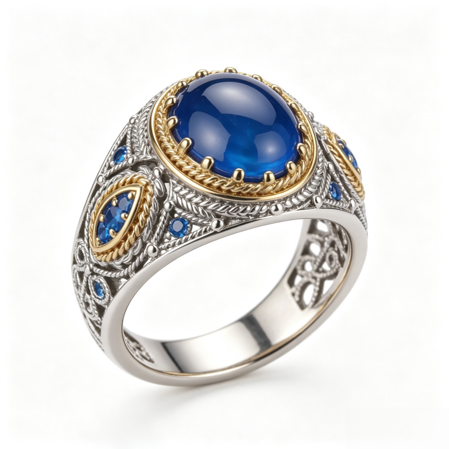 Vintage Filigree Oval Blue Gem Sterling Silver Ring Two‑Tone Open‑Work Carved Band