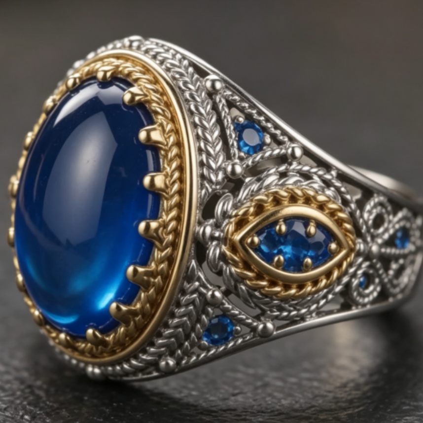 Vintage Filigree Oval Blue Gem Sterling Silver Ring Two‑Tone Open‑Work Carved Band