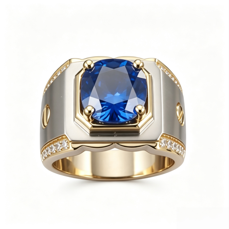 Two‑Tone Wide‑Band Men’s Ring With Blue Gem & Diamonds Luxurious Statement Band