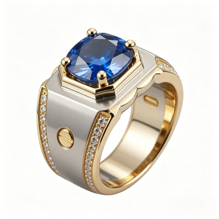 Two‑Tone Wide‑Band Men’s Ring With Blue Gem & Diamonds Luxurious Statement Band