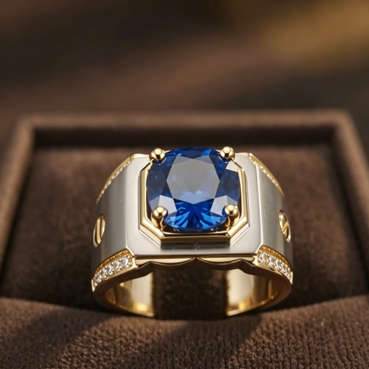 Two‑Tone Wide‑Band Men’s Ring With Blue Gem & Diamonds Luxurious Statement Band