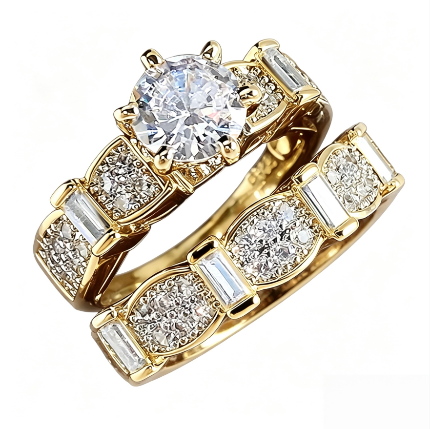 Two‑Piece Stackable Ring Set, Round‑Cut Center Diamond With Paved & Baguette‑Cut Accent Diamonds