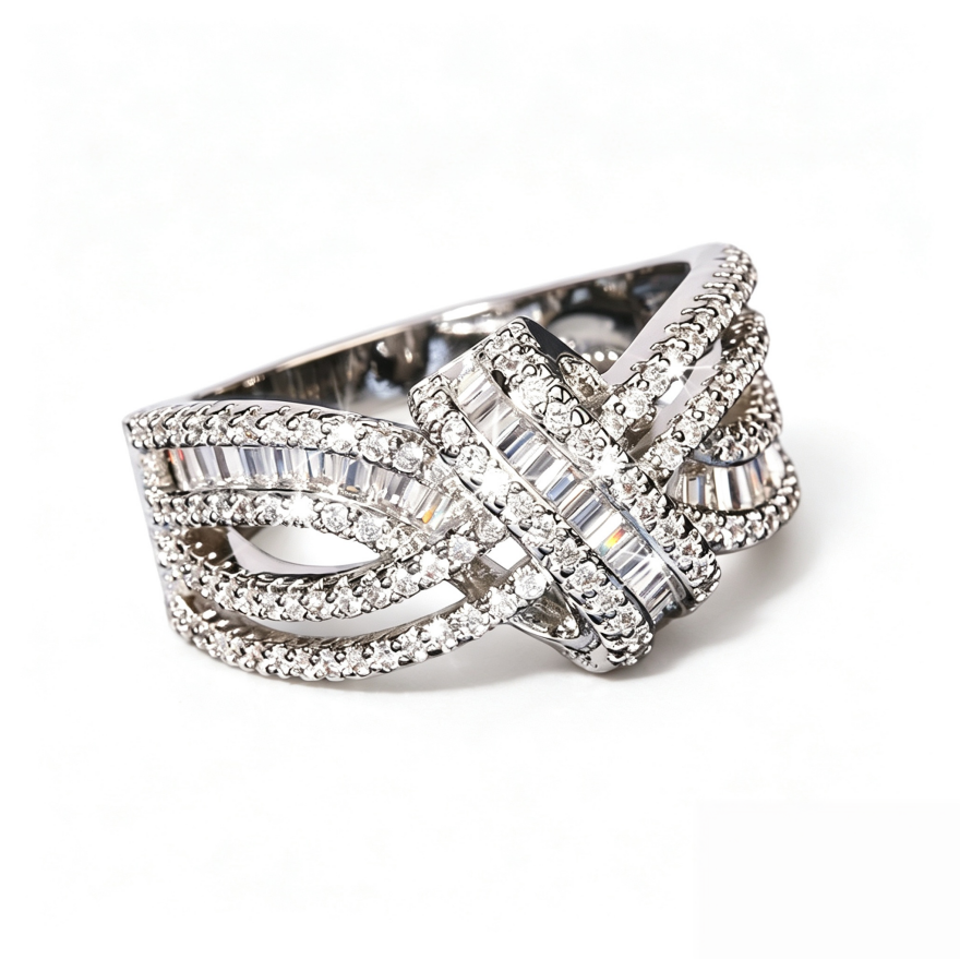 Intertwined Knot Full‑Paved Ring, Women’s Band with Baguette Diamond Interweave Design