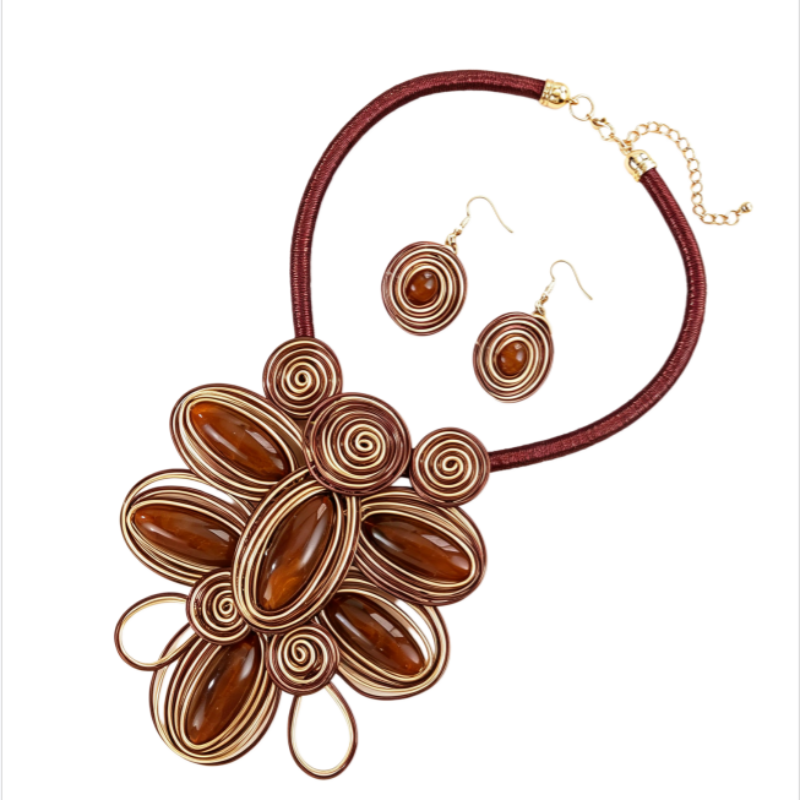 Vintage Wrapped Brown Gemstone Floral Necklace Earring Set Ethnic Heavy Craft Artistic Women Jewelry Set
