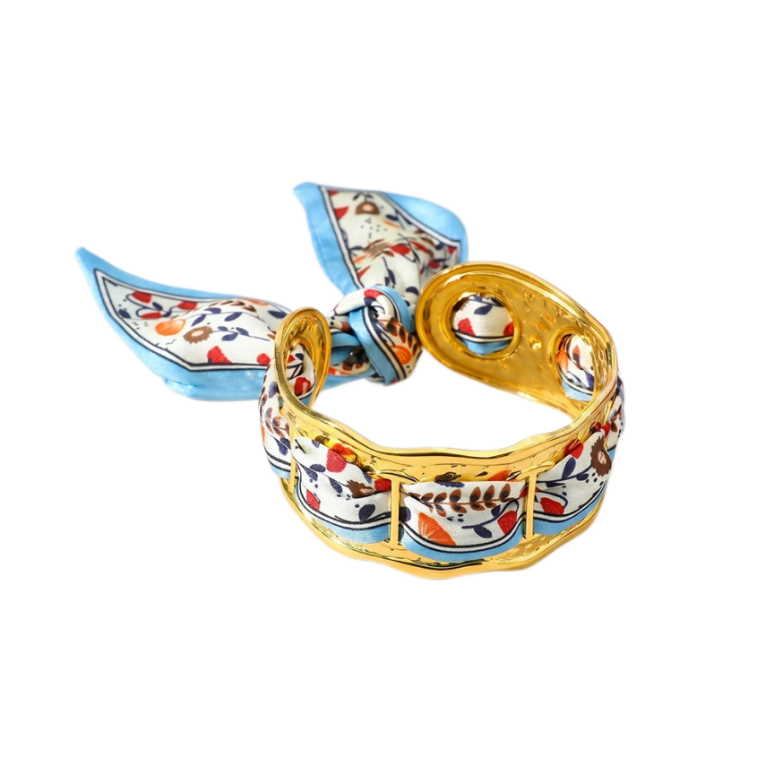 Wavy Open‑Cuff Bracelet Interchangeable Printed Silk Scarf Woven Women Wrist Ornament