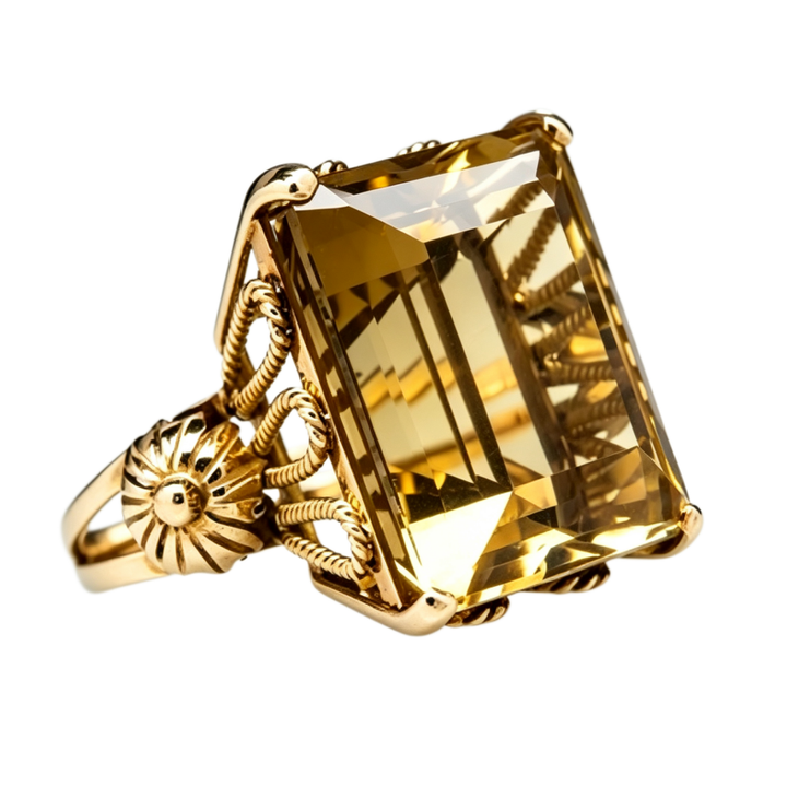 Vintage Victorian‑Style Rectangular Citrine Filigree Floral Ring
